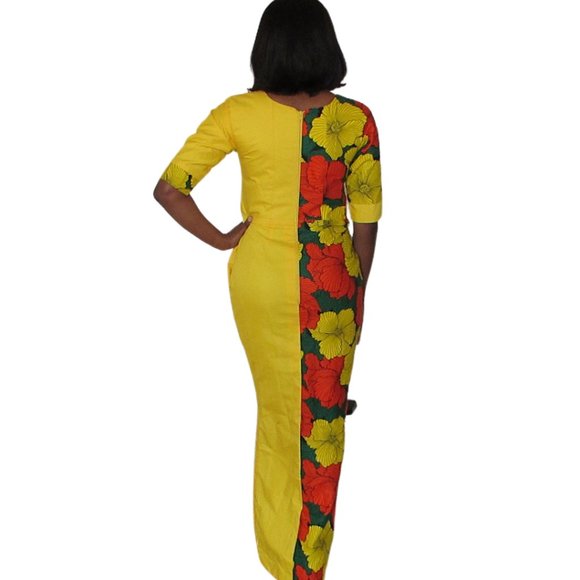 Yellow three quarter sleeve plain & print maxi - Picture 2 of 3